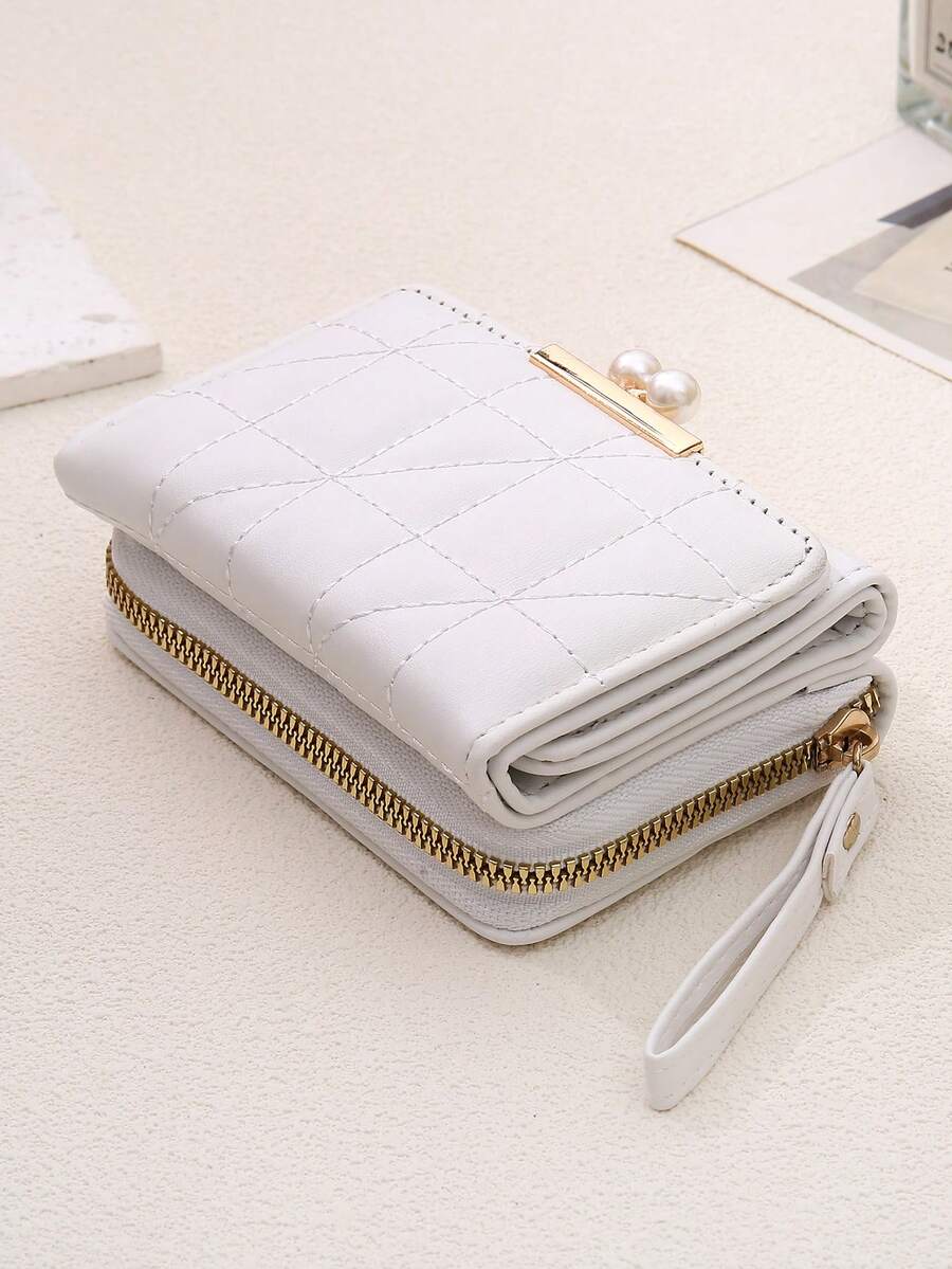 Women's Rhombus Pattern Wallet 2 In 1 Card Holder Coin Purse Short Folding Faux Pearl Decor Mini Wallet Fashion Valentine's Day Gift