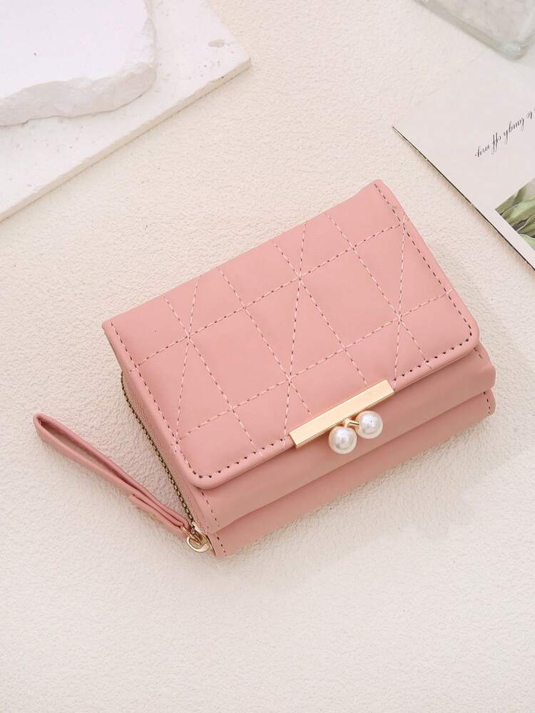 Women's Rhombus Pattern Wallet 2 In 1 Card Holder Coin Purse Short Folding Faux Pearl Decor Mini Wallet Fashion Valentine's Day Gift