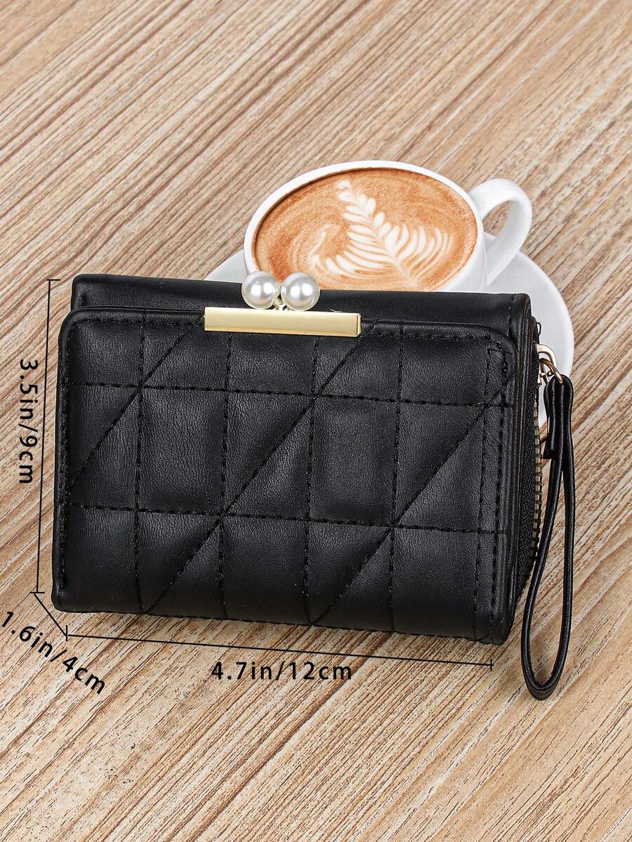 Women's Rhombus Pattern Wallet 2 In 1 Card Holder Coin Purse Short Folding Faux Pearl Decor Mini Wallet Fashion Valentine's Day Gift