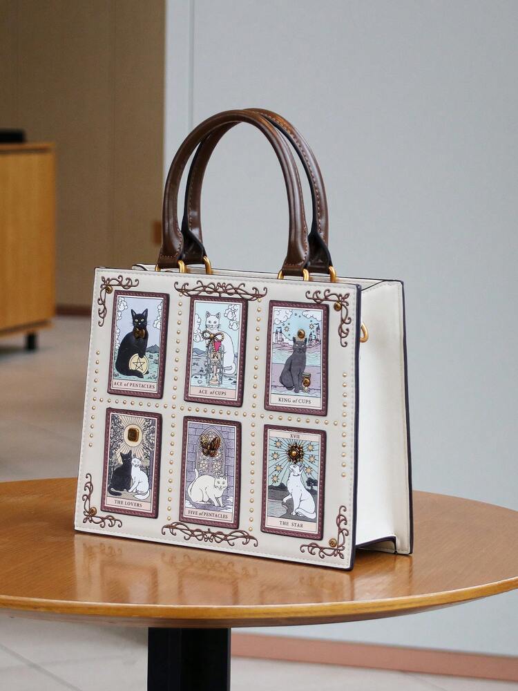 Women's Tarot Card Embroidered Tote Bag High End Handmade Beaded Cat Bag Large Capacity Fashion Diamond Lock Shoulder Purse Casual