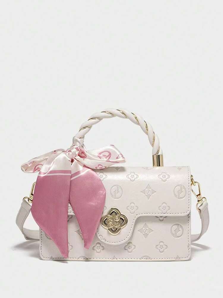 Women's Camellia Flower Small Square Bag With Bow Decor Chic Petite Handbag Elegant Versatile Shoulder Purse Gift For Birthday Dating