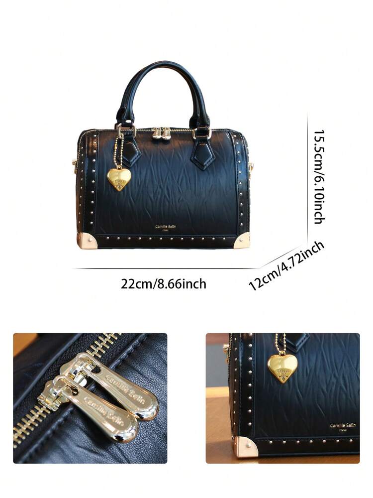 Women's High End Boston Cushion Bag Vintage Rivet Box Handbag Large Capacity Fashion Structured Satchel Top Handle Shoulder Purse Gift