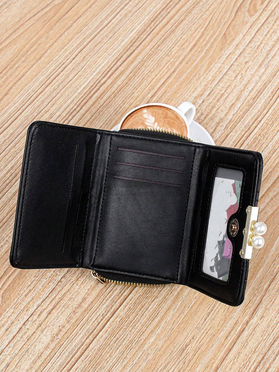 Women's Rhombus Pattern Wallet 2 In 1 Card Holder Coin Purse Short Folding Faux Pearl Decor Mini Wallet Fashion Valentine's Day Gift
