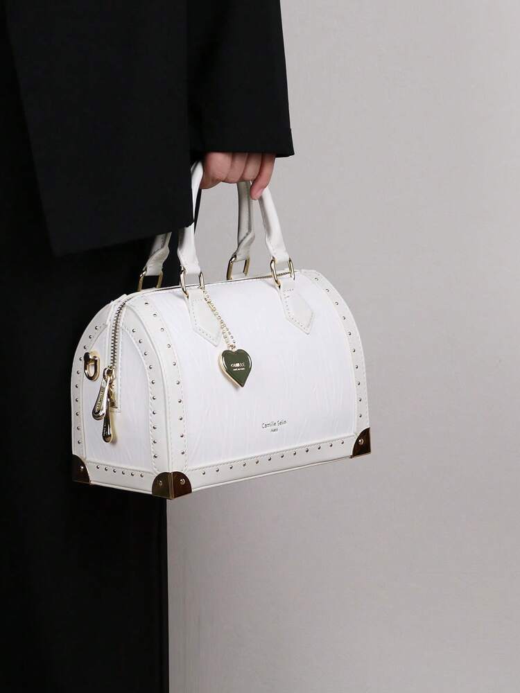 Women's High End Boston Cushion Bag Vintage Rivet Box Handbag Large Capacity Fashion Structured Satchel Top Handle Shoulder Purse Gift