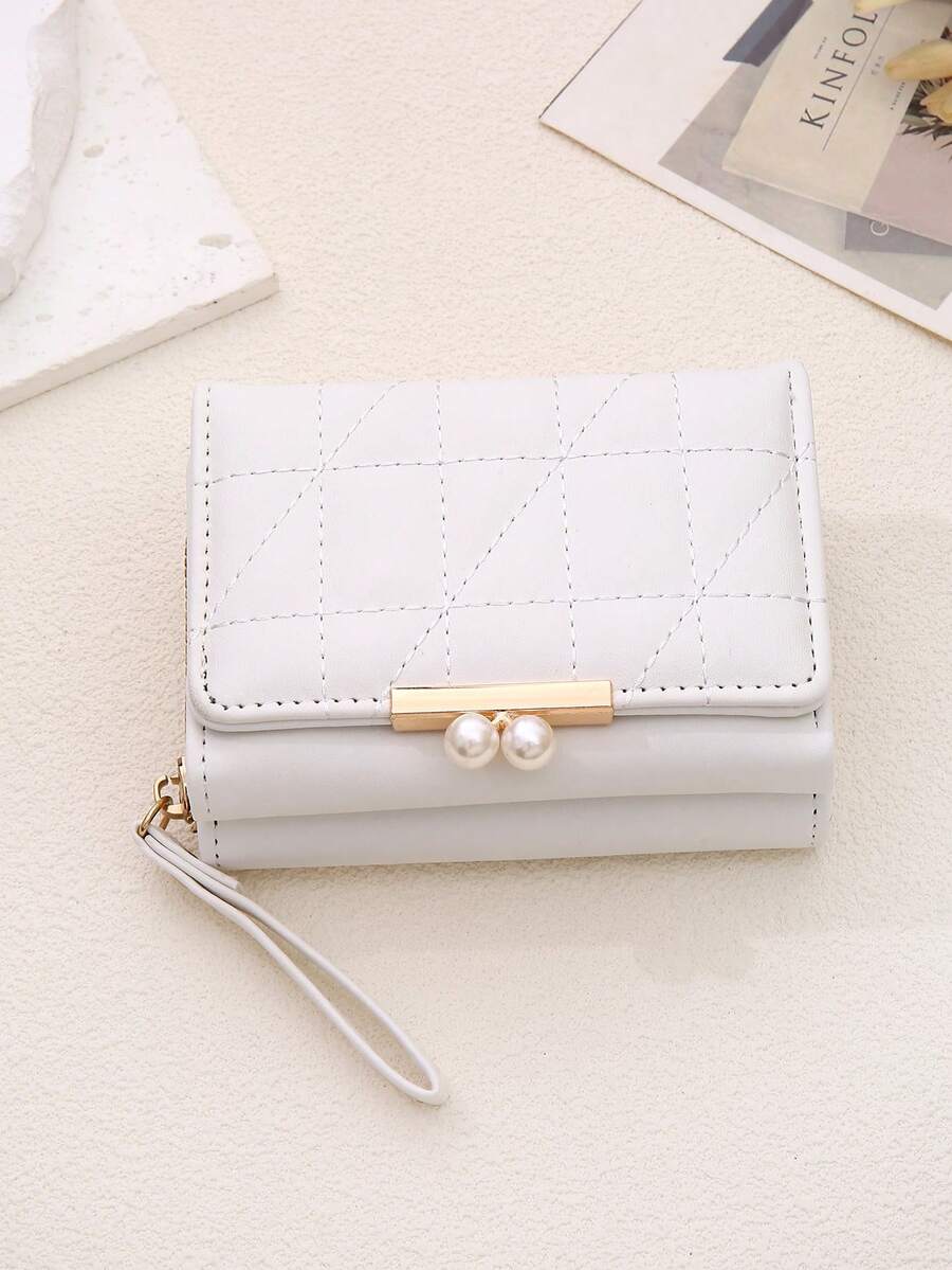Women's Rhombus Pattern Wallet 2 In 1 Card Holder Coin Purse Short Folding Faux Pearl Decor Mini Wallet Fashion Valentine's Day Gift