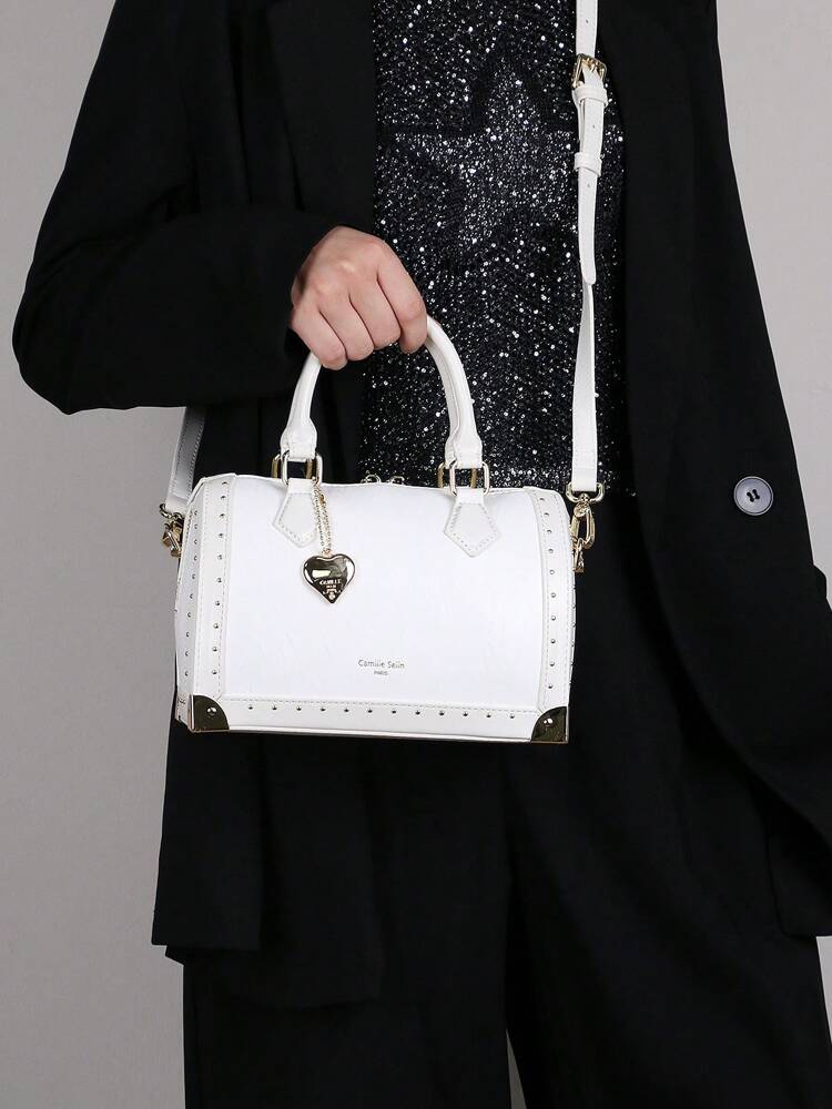 Women's High End Boston Cushion Bag Vintage Rivet Box Handbag Large Capacity Fashion Structured Satchel Top Handle Shoulder Purse Gift