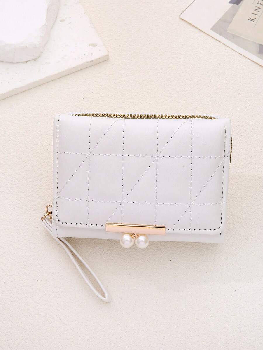 Women's Rhombus Pattern Wallet 2 In 1 Card Holder Coin Purse Short Folding Faux Pearl Decor Mini Wallet Fashion Valentine's Day Gift
