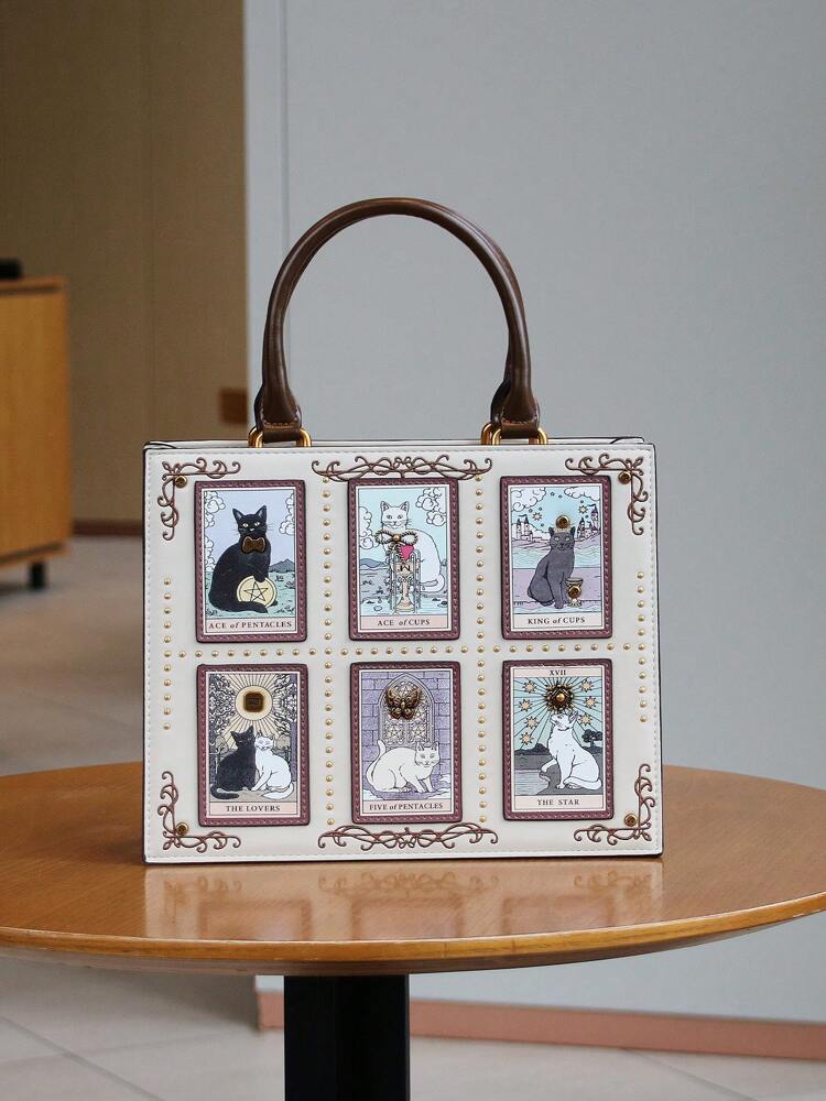 Women's Tarot Card Embroidered Tote Bag High End Handmade Beaded Cat Bag Large Capacity Fashion Diamond Lock Shoulder Purse Casual