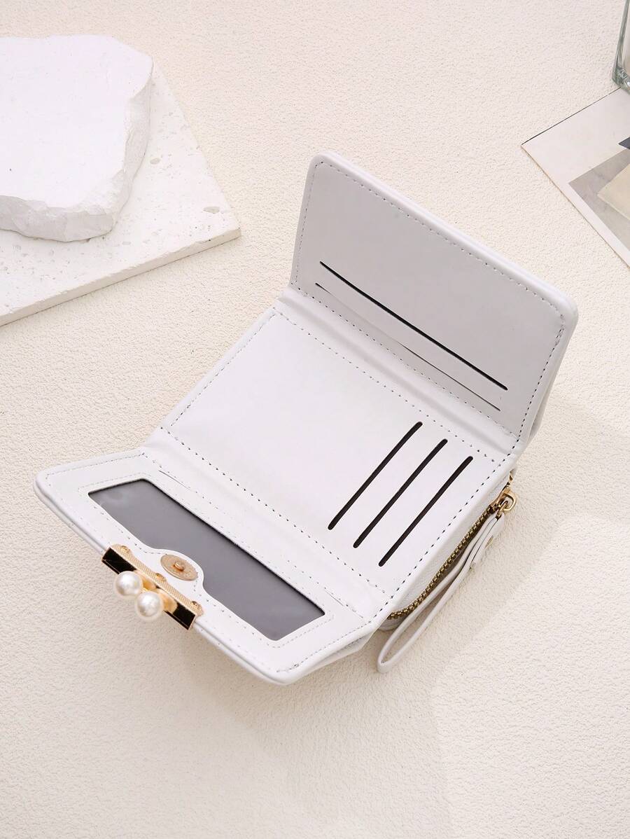 Women's Rhombus Pattern Wallet 2 In 1 Card Holder Coin Purse Short Folding Faux Pearl Decor Mini Wallet Fashion Valentine's Day Gift