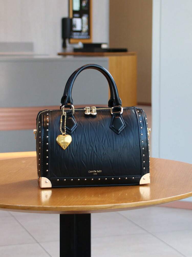 Women's High End Boston Cushion Bag Vintage Rivet Box Handbag Large Capacity Fashion Structured Satchel Top Handle Shoulder Purse Gift