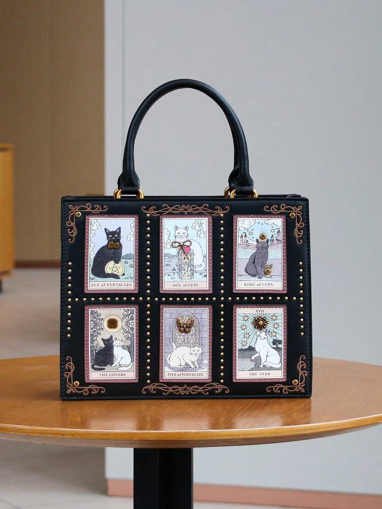 Women's Tarot Card Embroidered Tote Bag High End Handmade Beaded Cat Bag Large Capacity Fashion Diamond Lock Shoulder Purse Casual