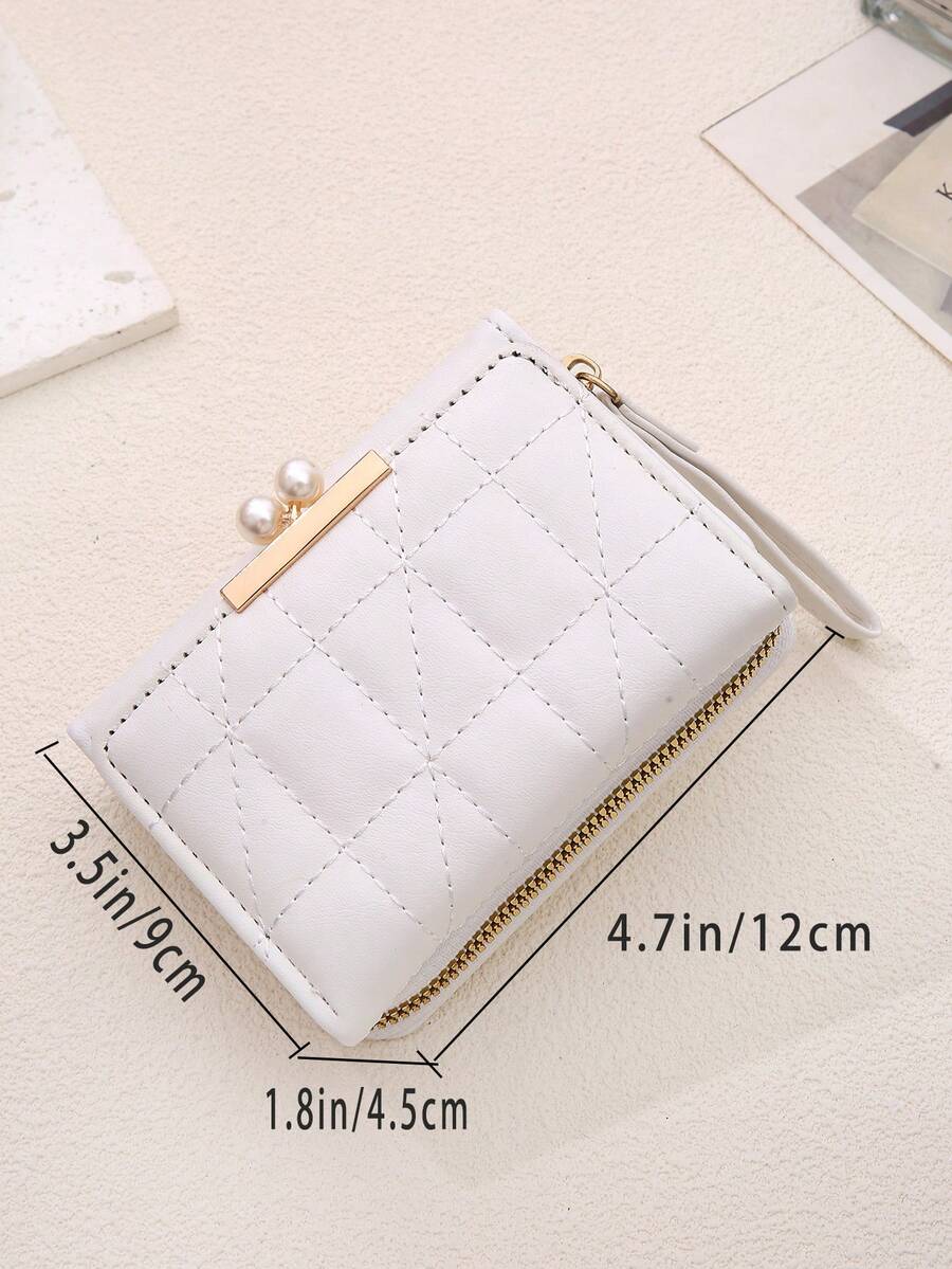 Women's Rhombus Pattern Wallet 2 In 1 Card Holder Coin Purse Short Folding Faux Pearl Decor Mini Wallet Fashion Valentine's Day Gift