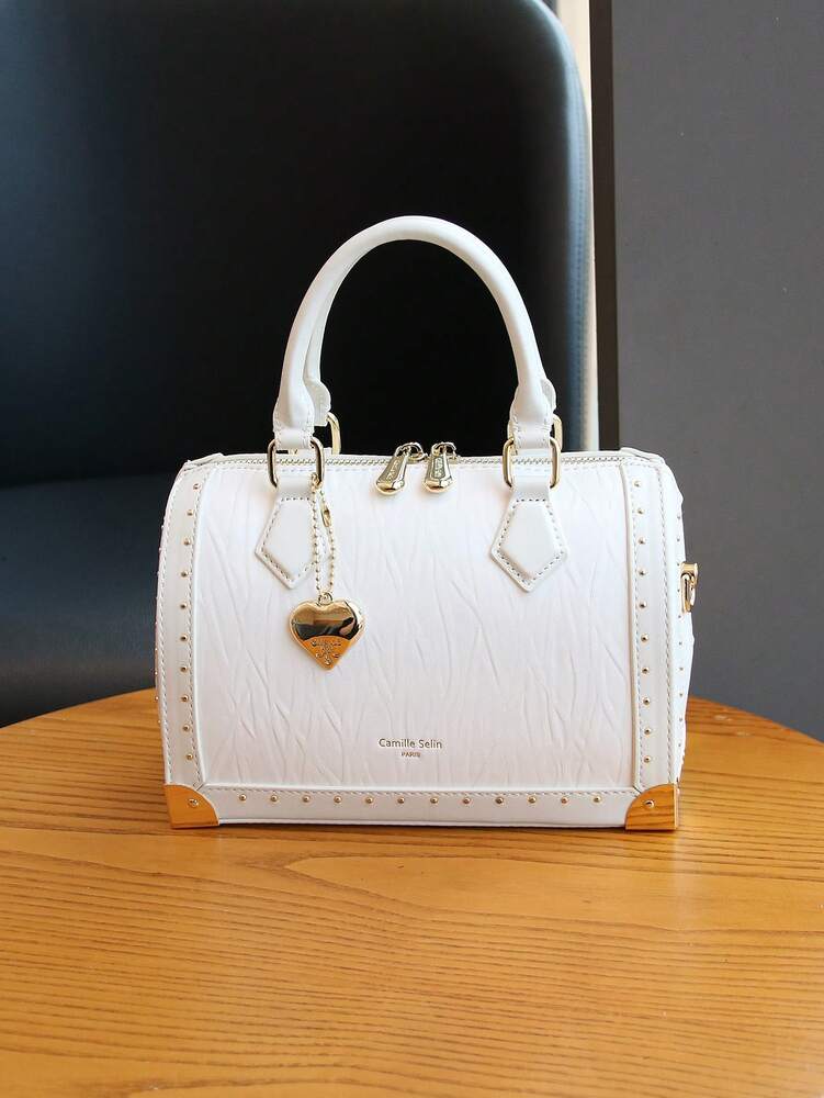 Women's High End Boston Cushion Bag Vintage Rivet Box Handbag Large Capacity Fashion Structured Satchel Top Handle Shoulder Purse Gift