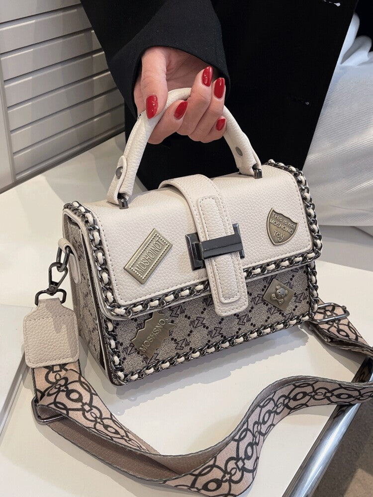 Women's Fabric Portable Square Bag With Woven Chain Letter Decor Box Handbag Fashion Commuter Structured Messenger Tote Purse Casual