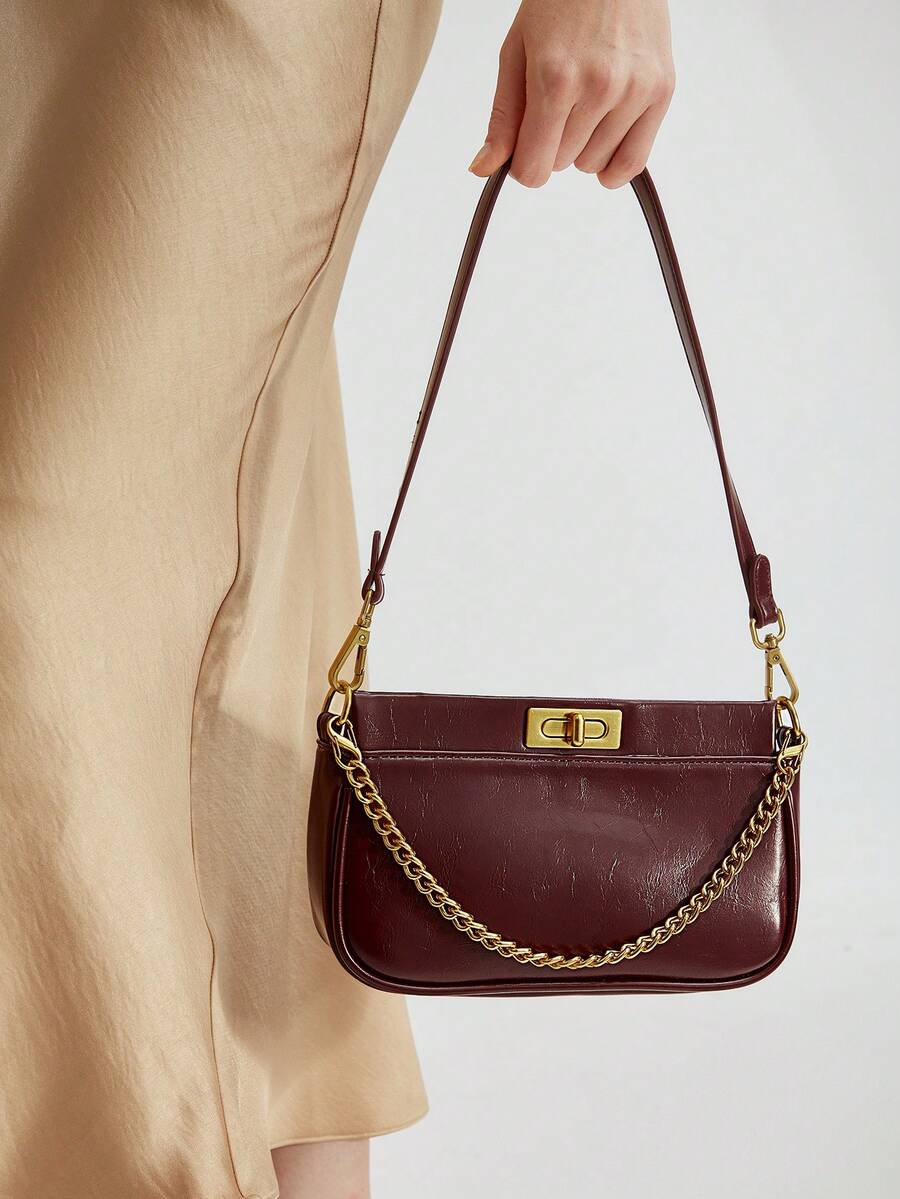 Women's Chain Decor Turn Lock Shoulder Bag Elegant Small Purse Fashion Tote For Office Work Party Valentine's Day Gift Casual Daily