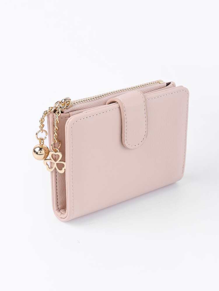 Women's Clover Ball Decor Pocket Wallet ID Window Bi Fold Mini Lightweight Purse Zipper Card Holder Cash Pouch Hot Pink Gift For Women