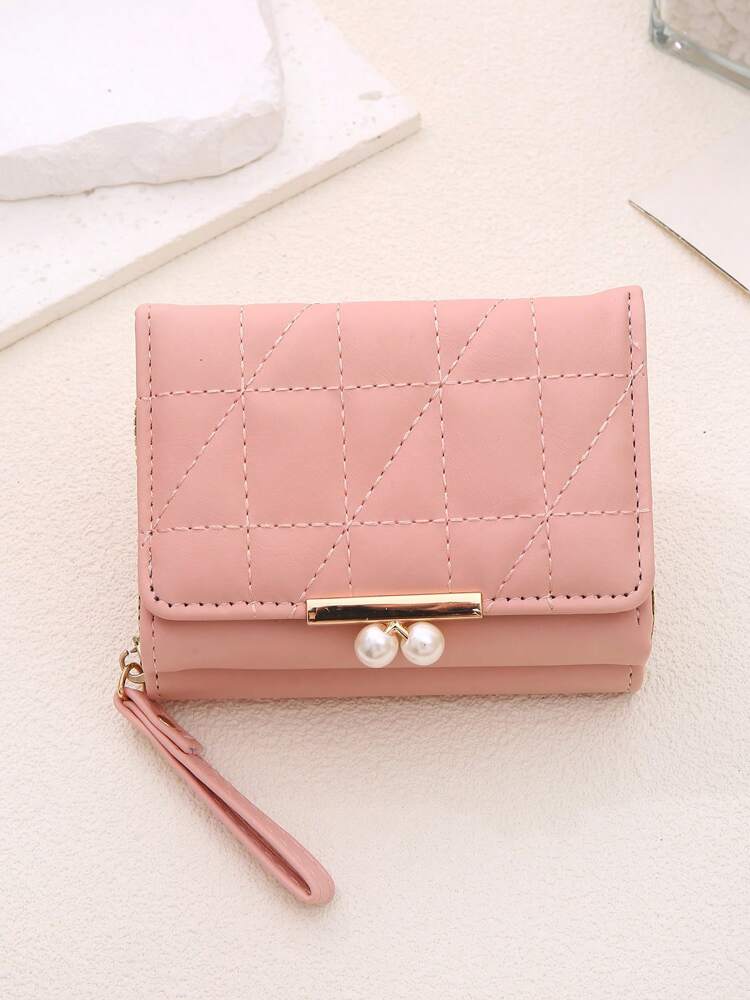 Women's Rhombus Pattern Wallet 2 In 1 Card Holder Coin Purse Short Folding Faux Pearl Decor Mini Wallet Fashion Valentine's Day Gift