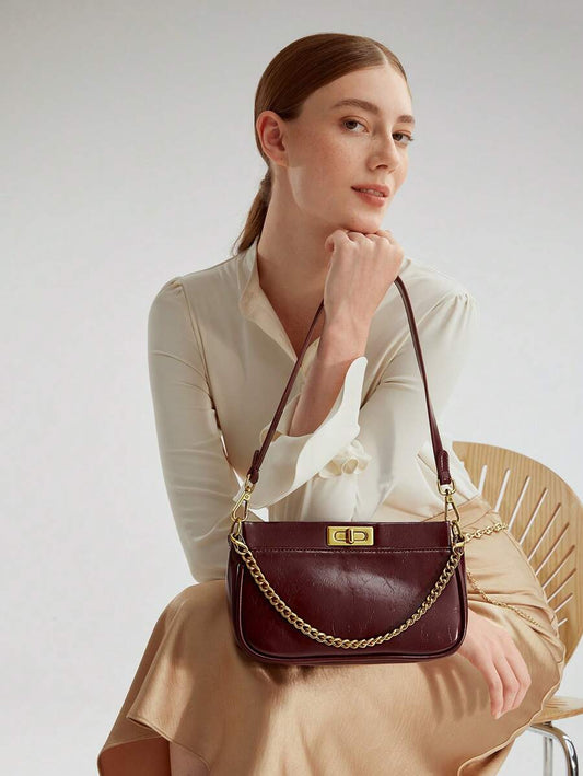 Women's Chain Decor Turn Lock Shoulder Bag Elegant Small Purse Fashion Tote For Office Work Party Valentine's Day Gift Casual Daily