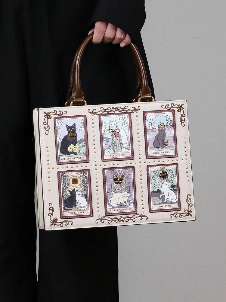 Women's Tarot Card Embroidered Tote Bag High End Handmade Beaded Cat Bag Large Capacity Fashion Diamond Lock Shoulder Purse Casual