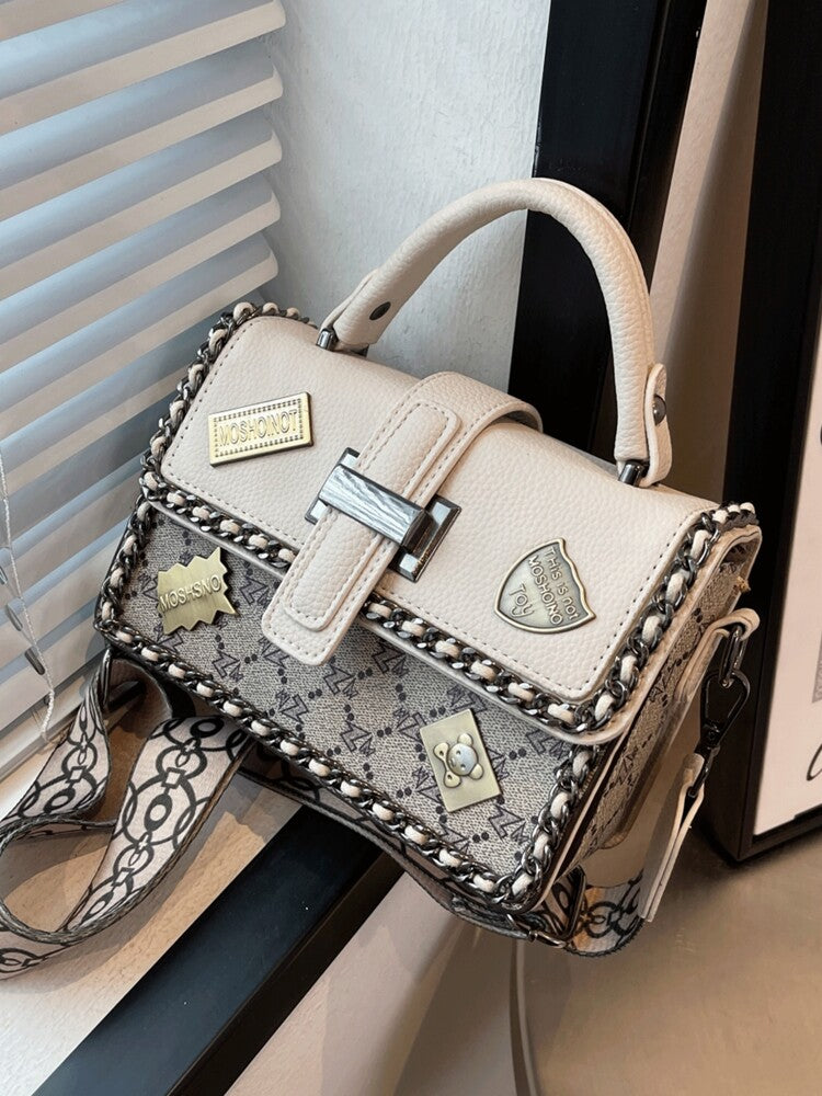 Women's Fabric Portable Square Bag With Woven Chain Letter Decor Box Handbag Fashion Commuter Structured Messenger Tote Purse Casual