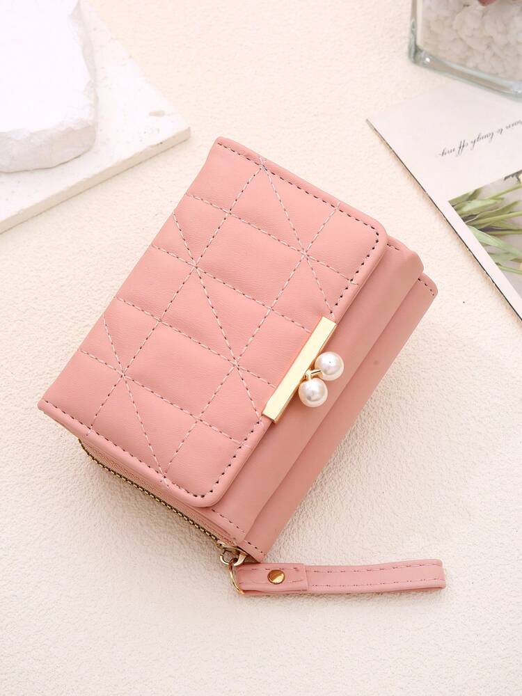 Women's Rhombus Pattern Wallet 2 In 1 Card Holder Coin Purse Short Folding Faux Pearl Decor Mini Wallet Fashion Valentine's Day Gift