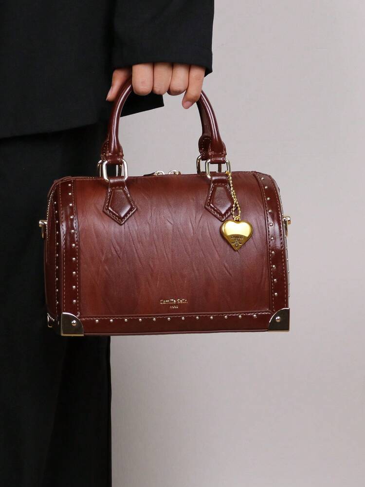 Women's High End Boston Cushion Bag Vintage Rivet Box Handbag Large Capacity Fashion Structured Satchel Top Handle Shoulder Purse Gift