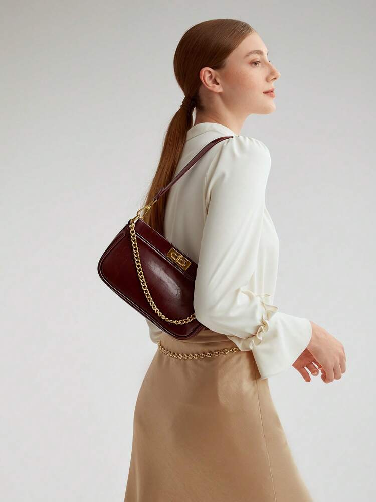 Women's Chain Decor Turn Lock Shoulder Bag Elegant Small Purse Fashion Tote For Office Work Party Valentine's Day Gift Casual Daily