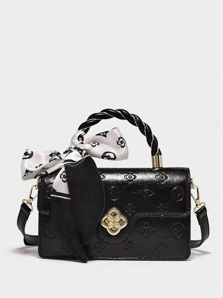 Women's Camellia Flower Small Square Bag With Bow Decor Chic Petite Handbag Elegant Versatile Shoulder Purse Gift For Birthday Dating