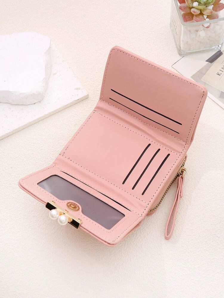 Women's Rhombus Pattern Wallet 2 In 1 Card Holder Coin Purse Short Folding Faux Pearl Decor Mini Wallet Fashion Valentine's Day Gift