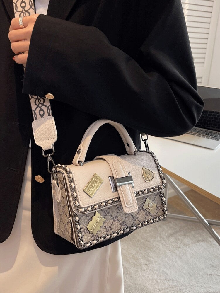 Women's Fabric Portable Square Bag With Woven Chain Letter Decor Box Handbag Fashion Commuter Structured Messenger Tote Purse Casual