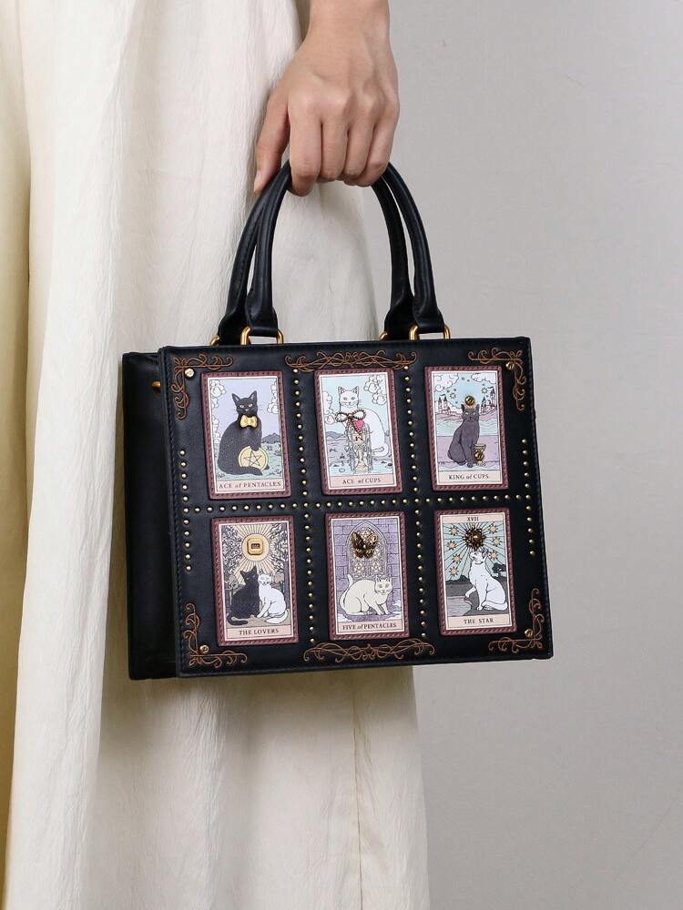 Women's Tarot Card Embroidered Tote Bag High End Handmade Beaded Cat Bag Large Capacity Fashion Diamond Lock Shoulder Purse Casual