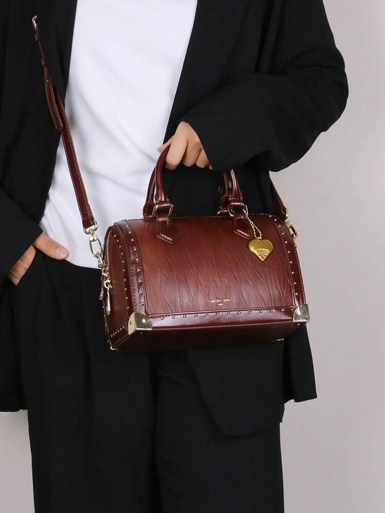 Women's High End Boston Cushion Bag Vintage Rivet Box Handbag Large Capacity Fashion Structured Satchel Top Handle Shoulder Purse Gift