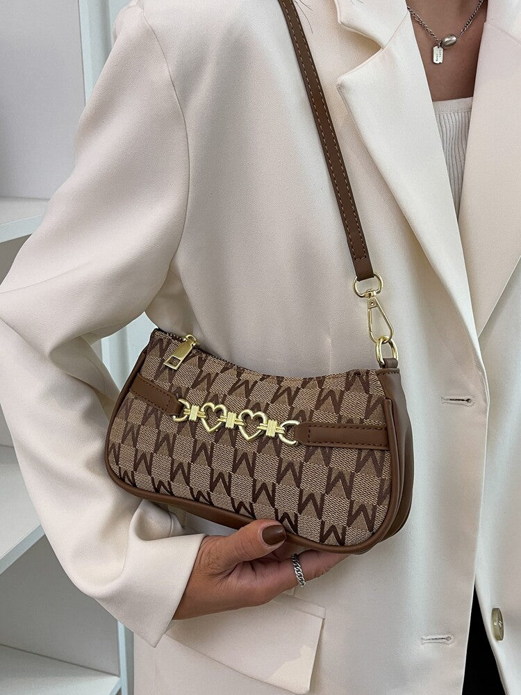 Women's Letter Graphic Heart Decor Zipper Polyester Bag Fashion Casual Cute Purse Small Shoulder Crossbody Handbag For Girls Women