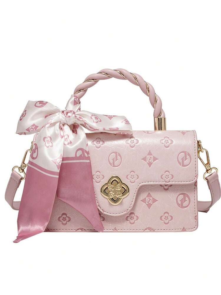 Women's Camellia Flower Small Square Bag With Bow Decor Chic Petite Handbag Elegant Versatile Shoulder Purse Gift For Birthday Dating