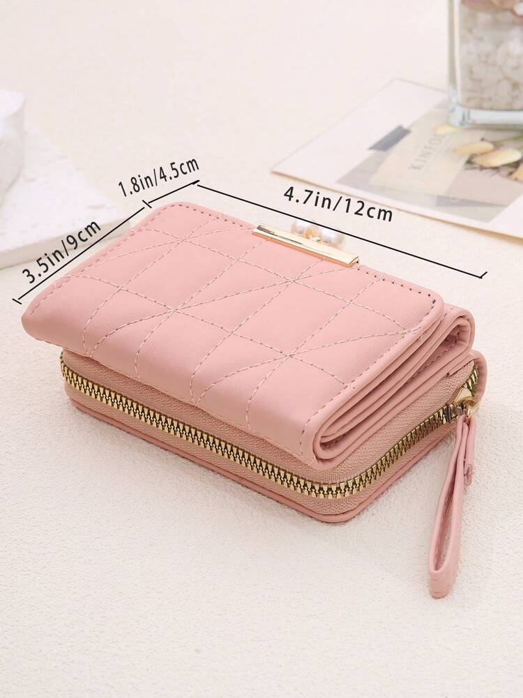 Women's Rhombus Pattern Wallet 2 In 1 Card Holder Coin Purse Short Folding Faux Pearl Decor Mini Wallet Fashion Valentine's Day Gift