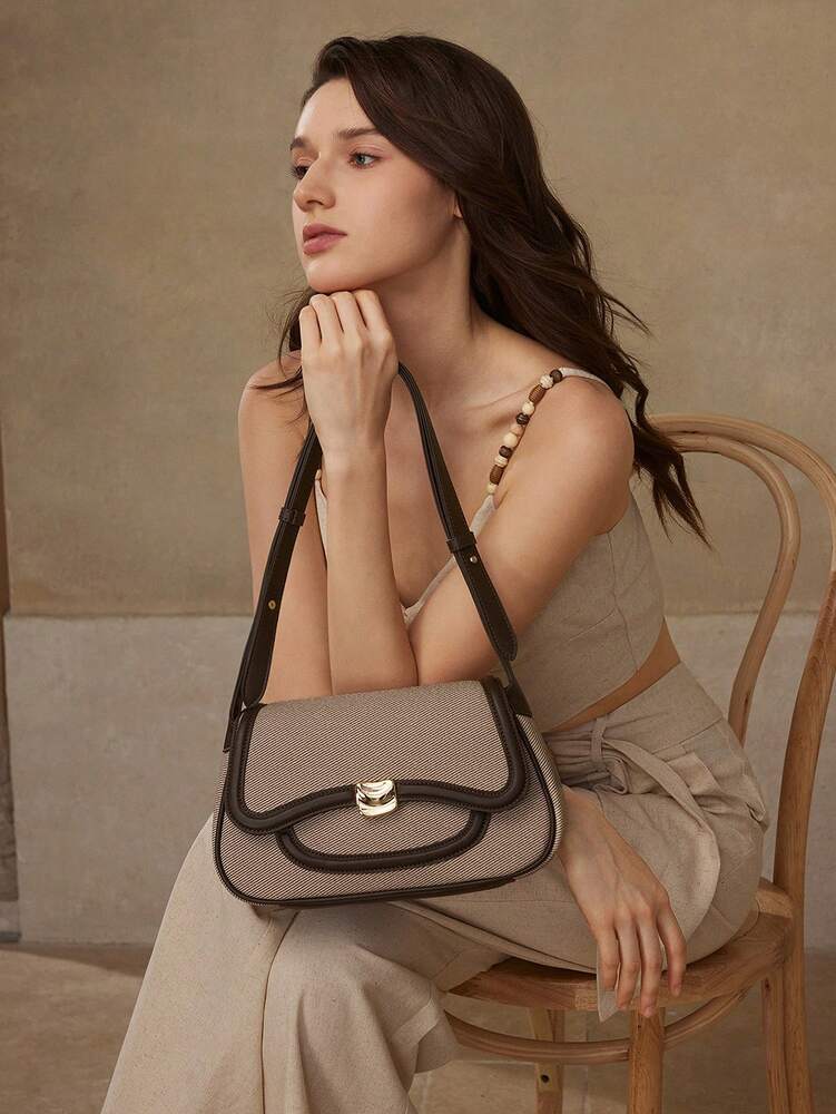 Women's Premium Shoulder Bag With Colorblock Trim Elegant Small Purse Fashion Casual Tote Commuter Office Daily Travel Handbag Gift