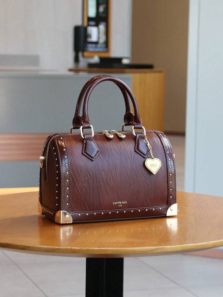 Women's High End Boston Cushion Bag Vintage Rivet Box Handbag Large Capacity Fashion Structured Satchel Top Handle Shoulder Purse Gift