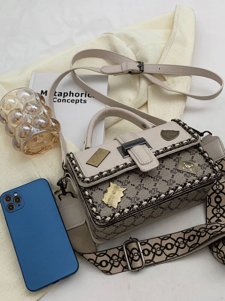 Women's Fabric Portable Square Bag With Woven Chain Letter Decor Box Handbag Fashion Commuter Structured Messenger Tote Purse Casual