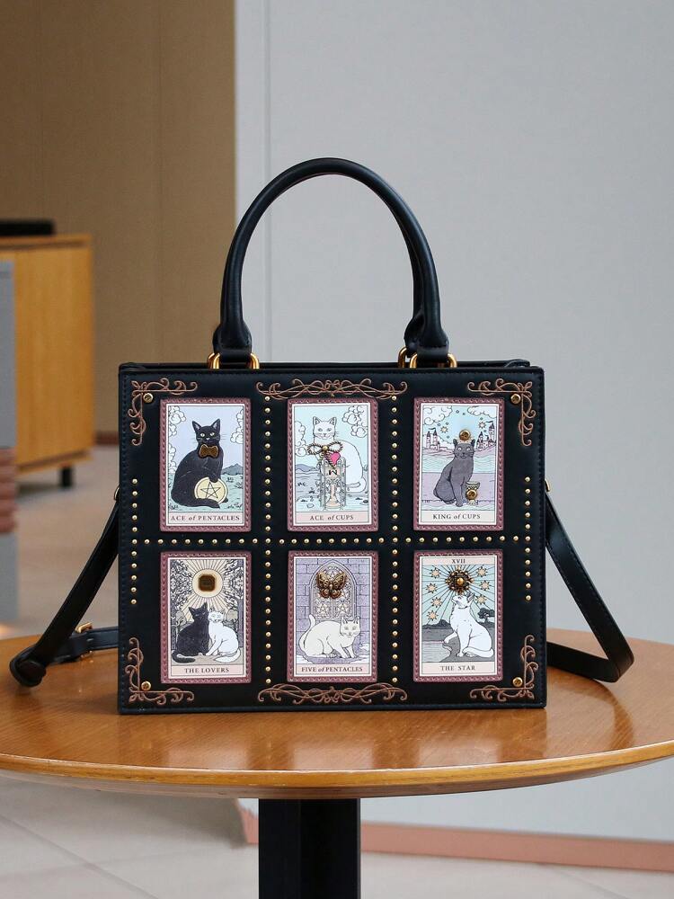 Women's Tarot Card Embroidered Tote Bag High End Handmade Beaded Cat Bag Large Capacity Fashion Diamond Lock Shoulder Purse Casual