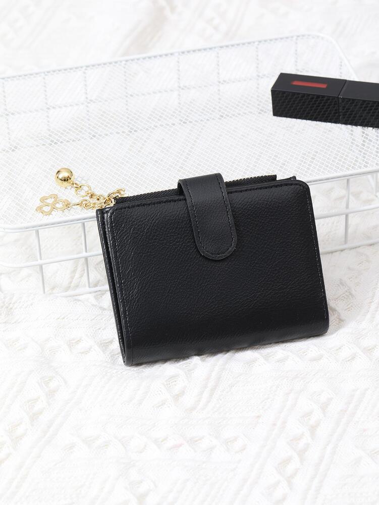 Women's Clover Ball Decor Pocket Wallet ID Window Bi Fold Mini Lightweight Purse Zipper Card Holder Cash Pouch Hot Pink Gift For Women