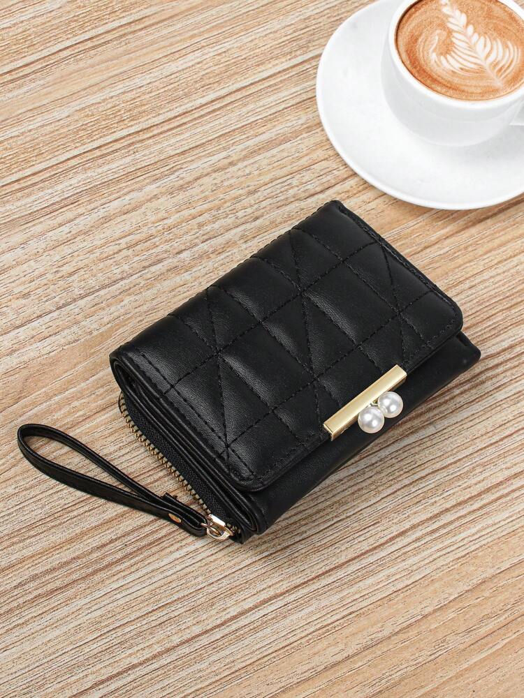 Women's Rhombus Pattern Wallet 2 In 1 Card Holder Coin Purse Short Folding Faux Pearl Decor Mini Wallet Fashion Valentine's Day Gift