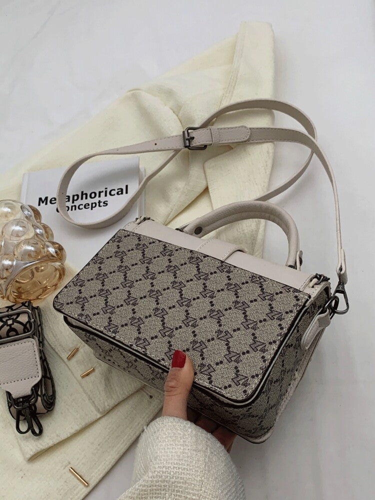 Women's Fabric Portable Square Bag With Woven Chain Letter Decor Box Handbag Fashion Commuter Structured Messenger Tote Purse Casual