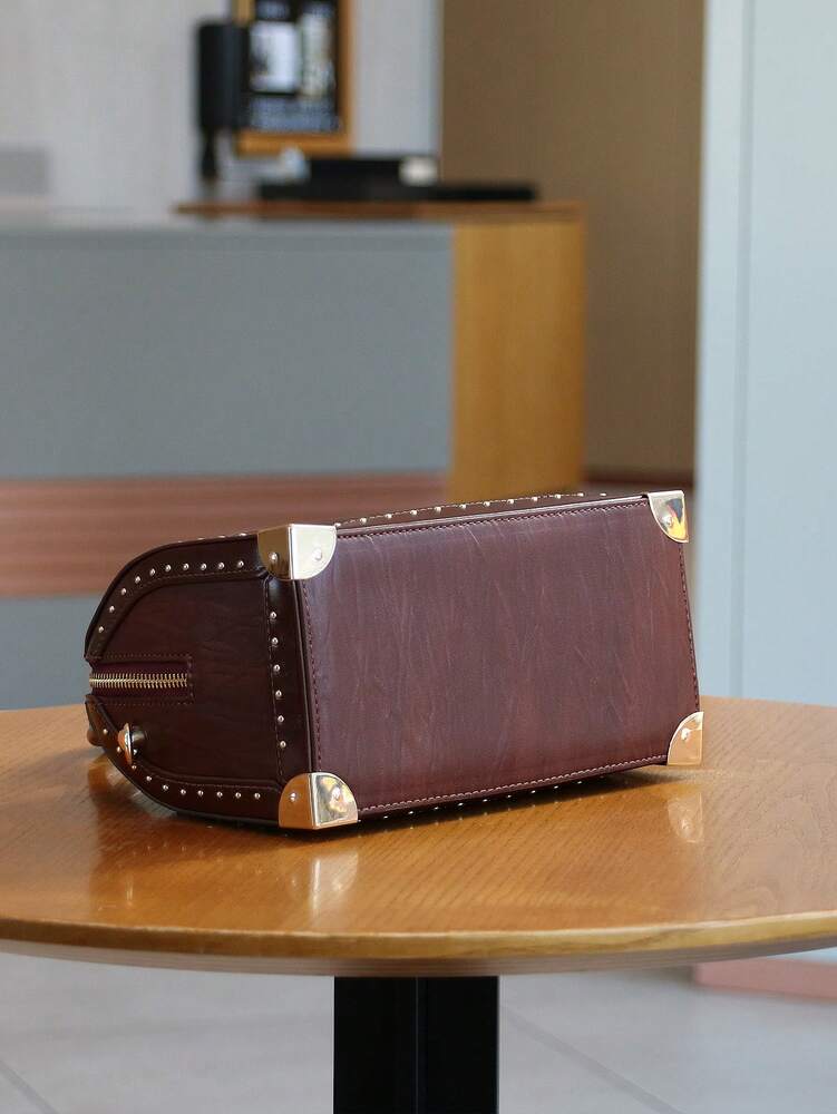 Women's High End Boston Cushion Bag Vintage Rivet Box Handbag Large Capacity Fashion Structured Satchel Top Handle Shoulder Purse Gift