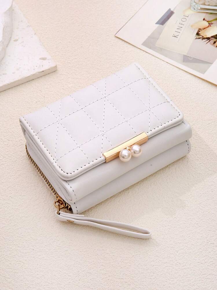 Women's Rhombus Pattern Wallet 2 In 1 Card Holder Coin Purse Short Folding Faux Pearl Decor Mini Wallet Fashion Valentine's Day Gift
