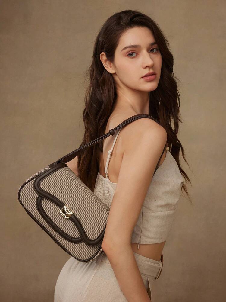 Women's Premium Shoulder Bag With Colorblock Trim Elegant Small Purse Fashion Casual Tote Commuter Office Daily Travel Handbag Gift