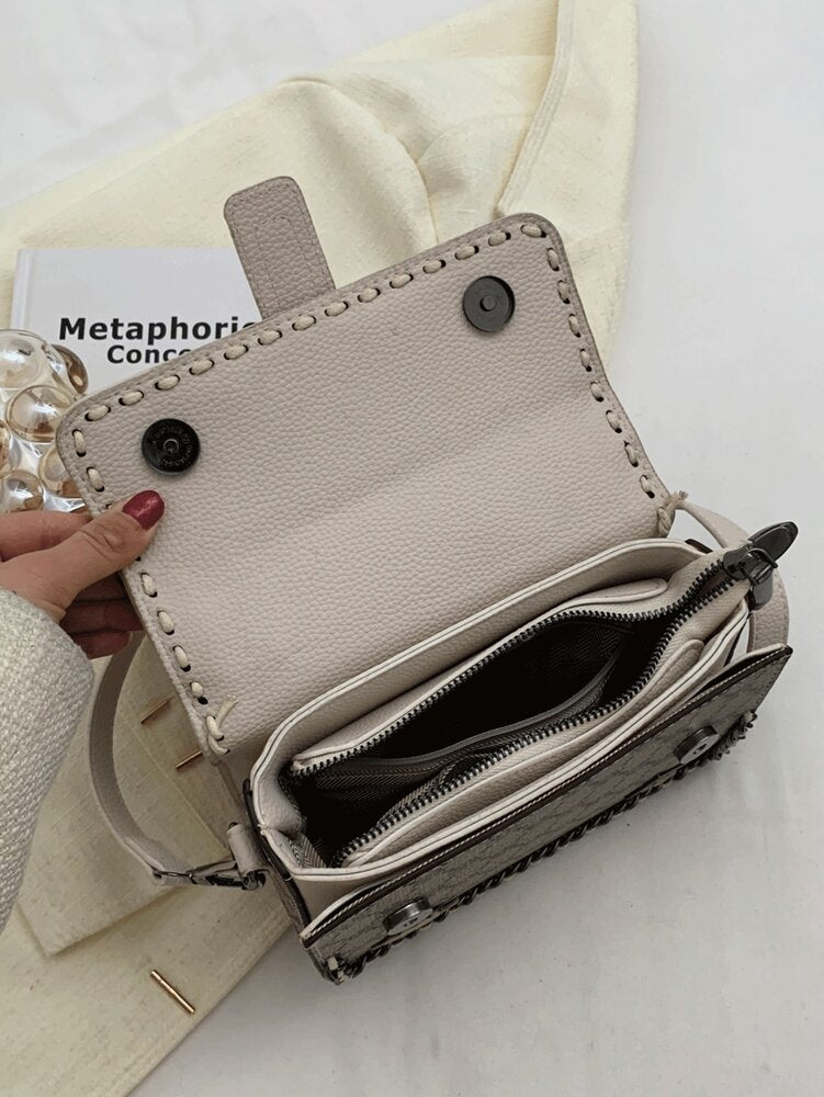 Women's Fabric Portable Square Bag With Woven Chain Letter Decor Box Handbag Fashion Commuter Structured Messenger Tote Purse Casual