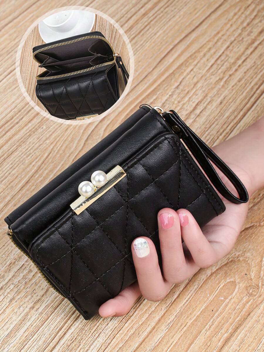 Women's Rhombus Pattern Wallet 2 In 1 Card Holder Coin Purse Short Folding Faux Pearl Decor Mini Wallet Fashion Valentine's Day Gift