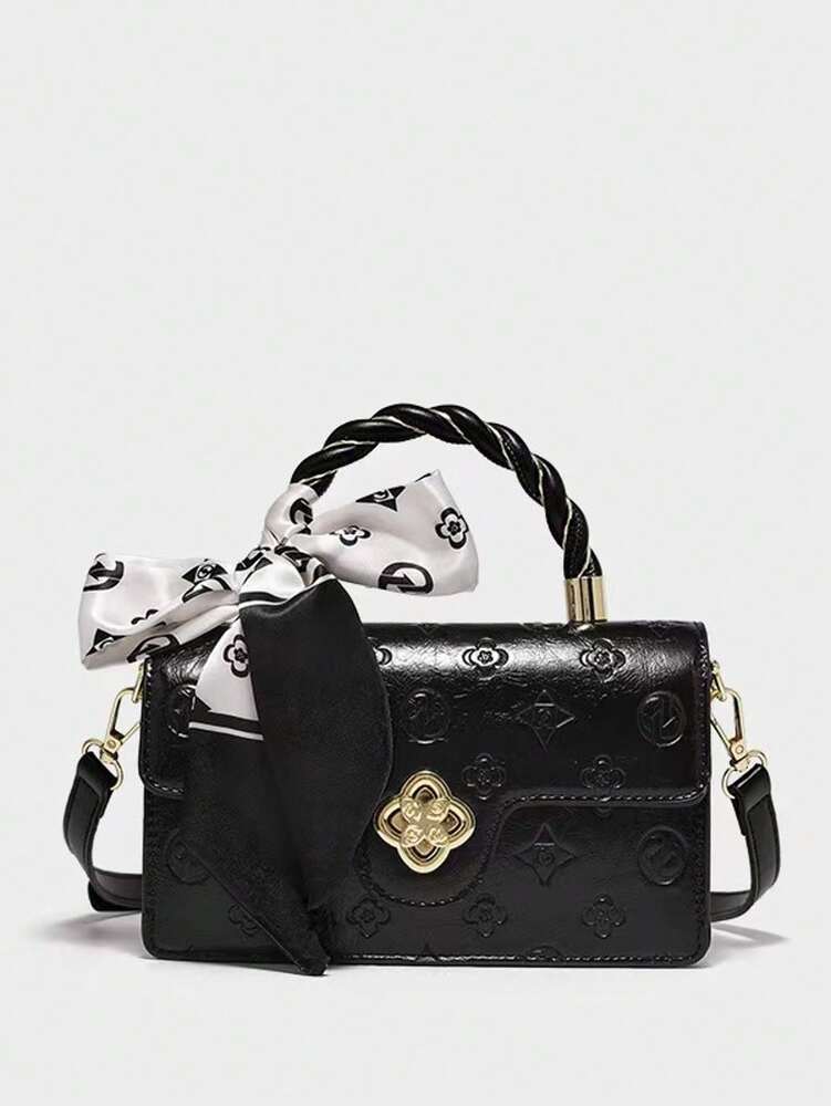 Women's Camellia Flower Small Square Bag With Bow Decor Chic Petite Handbag Elegant Versatile Shoulder Purse Gift For Birthday Dating