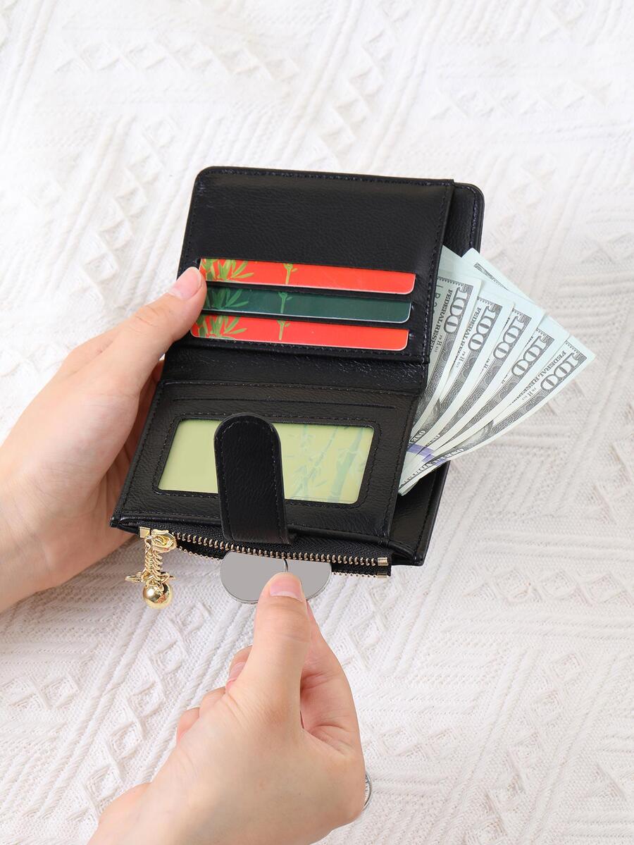 Women's Clover Ball Decor Pocket Wallet ID Window Bi Fold Mini Lightweight Purse Zipper Card Holder Cash Pouch Hot Pink Gift For Women