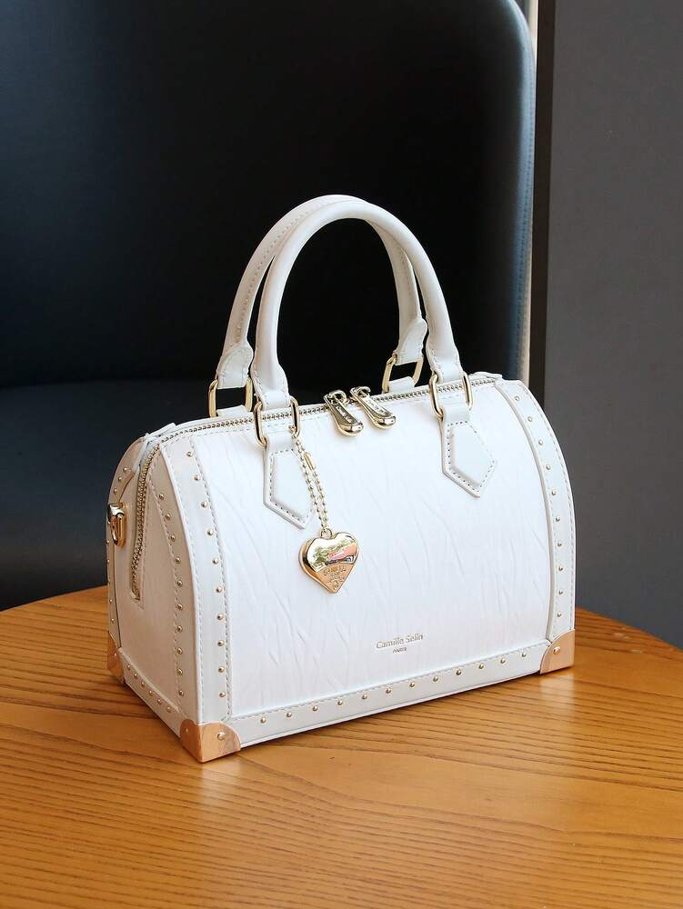 Women's High End Boston Cushion Bag Vintage Rivet Box Handbag Large Capacity Fashion Structured Satchel Top Handle Shoulder Purse Gift